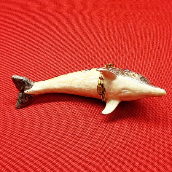 Metal Enamel Dolphin Trinket Box Hinged Rhinestone Accents - Picture 4 of 15